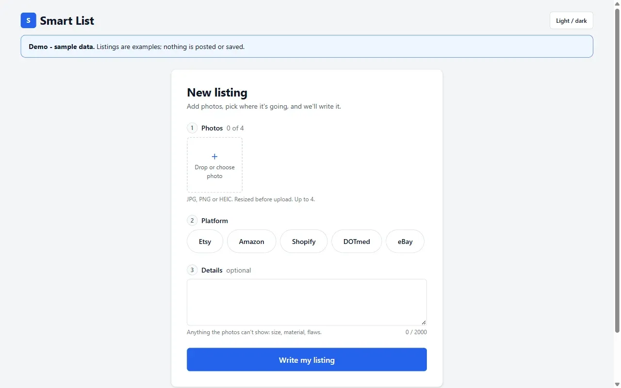 The Smart List screen: add photos, choose a marketplace, add details, then write the listing